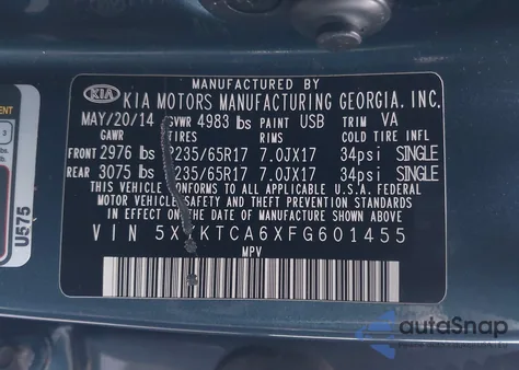 2015 Kia Sorento Lx из США, поврежденный, VIN 5XYKTCA6XFG601455